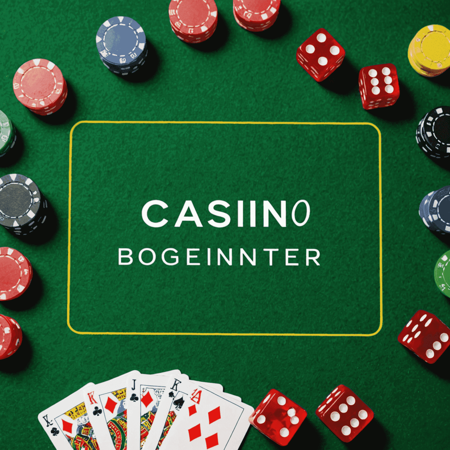 Five casino games laid out on a green felt table, including cards, dice, and chips, with a 'Beginner' sign prominently displayed