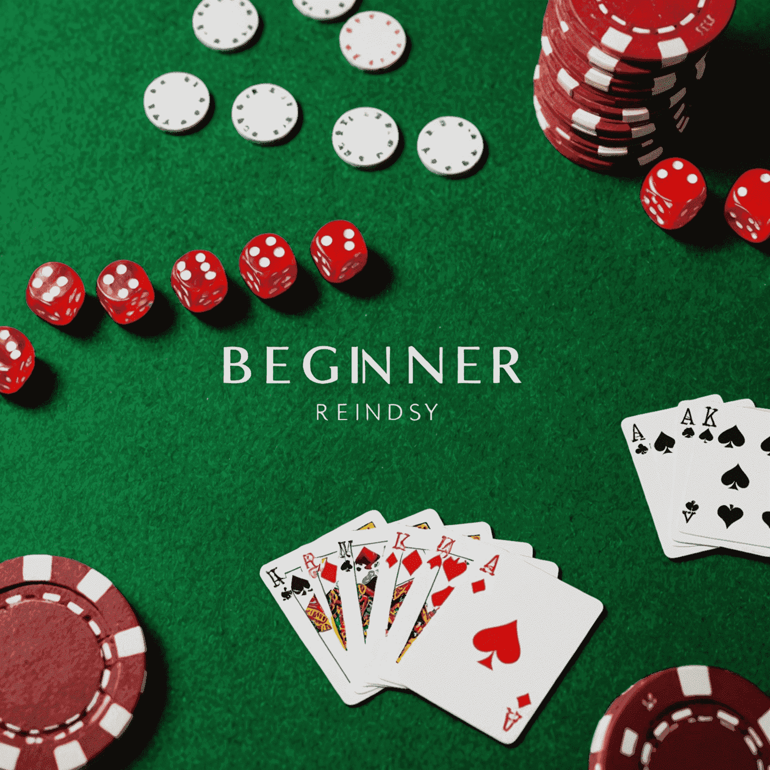 Five casino games laid out on a green felt table, including cards, dice, and chips, with 'Beginner Friendly' text overlay