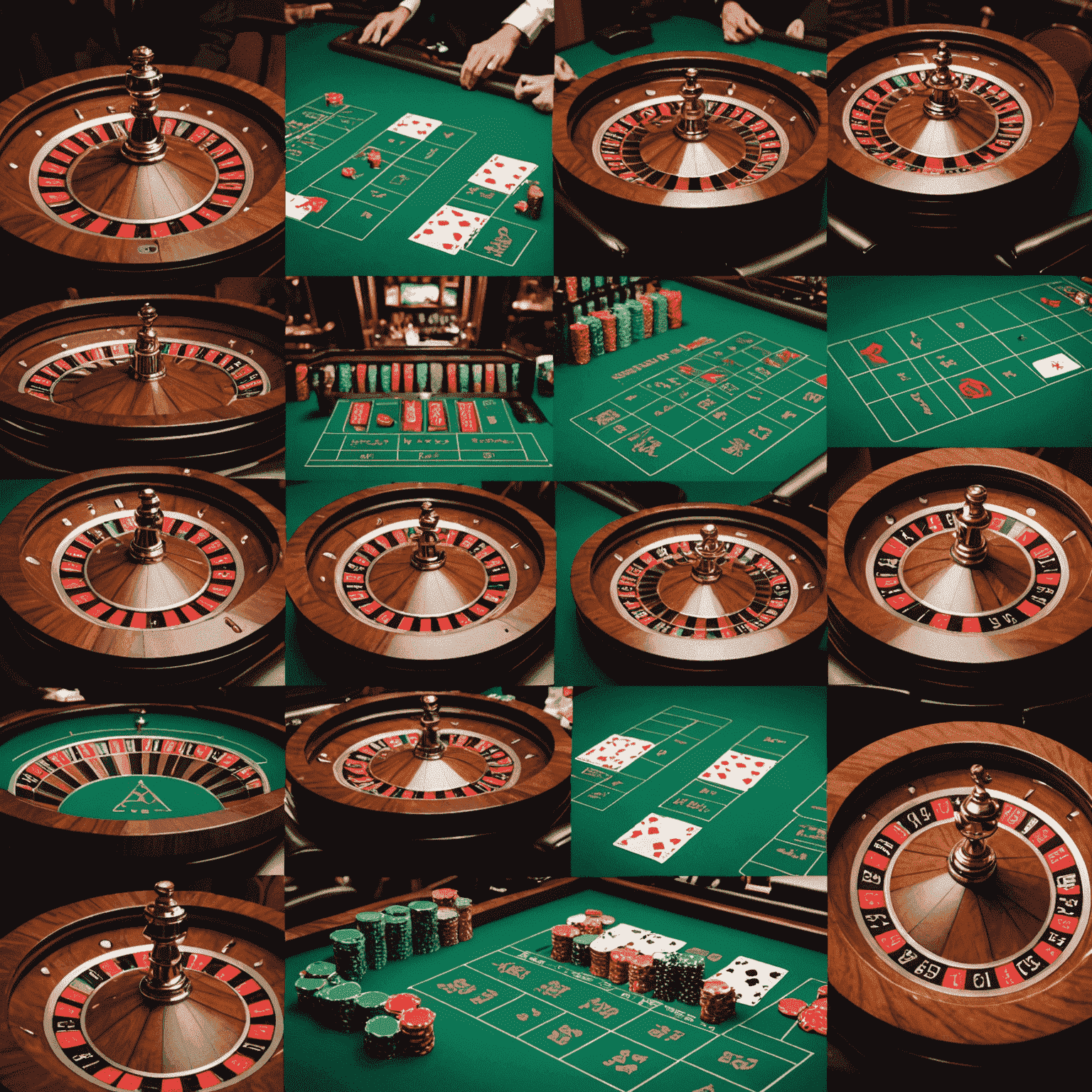 Collage of casino games including roulette wheel, slot machines, and playing cards