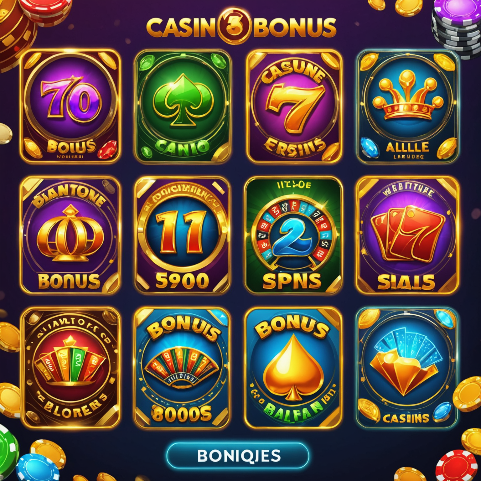 Various casino bonus types illustrated with vibrant graphics, showing free spins, welcome bonuses, and loyalty rewards