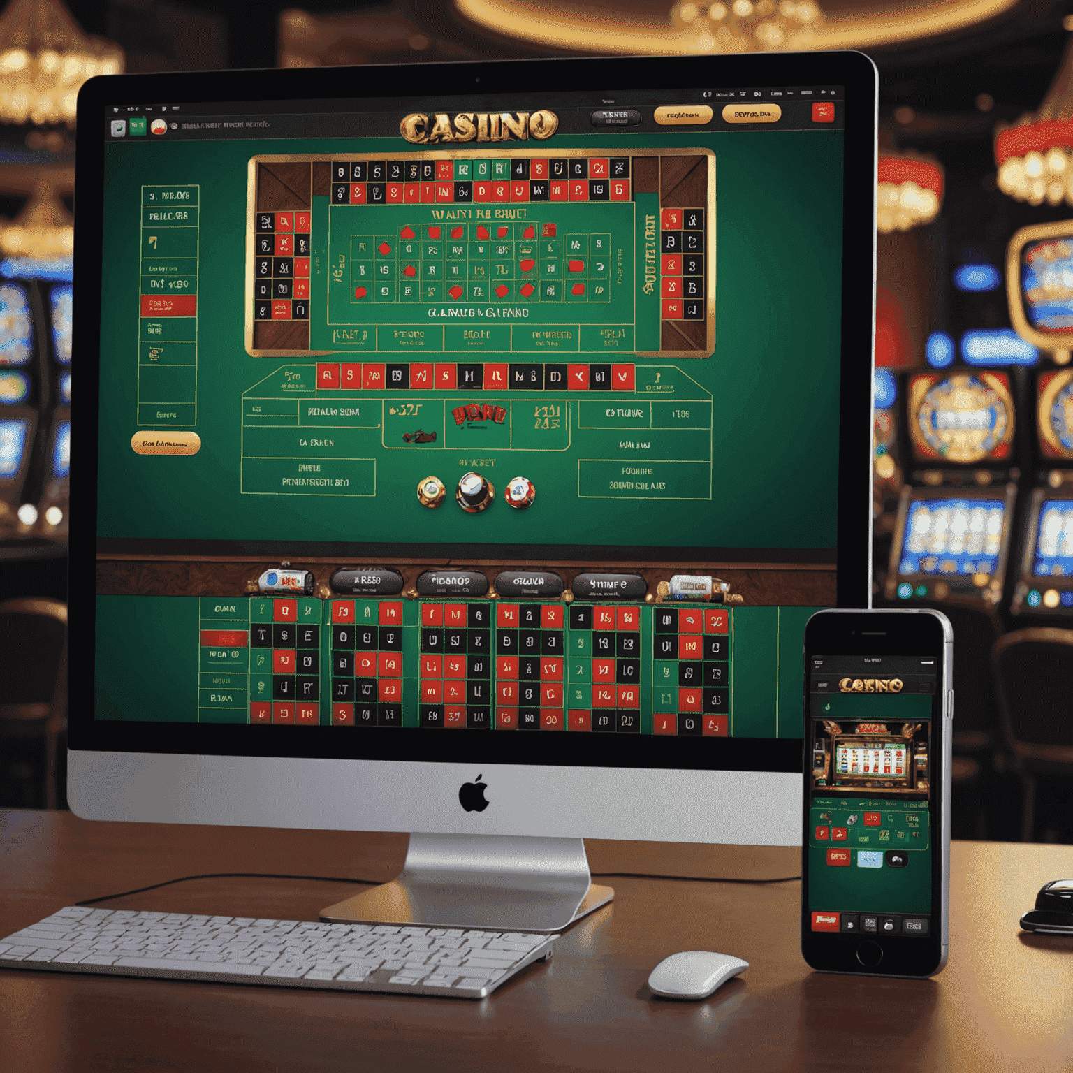 A dramatic split-screen image showing an old desktop computer with a casino website on one side, and a modern smartphone with a mobile casino app on the other, symbolizing the evolution of online gambling