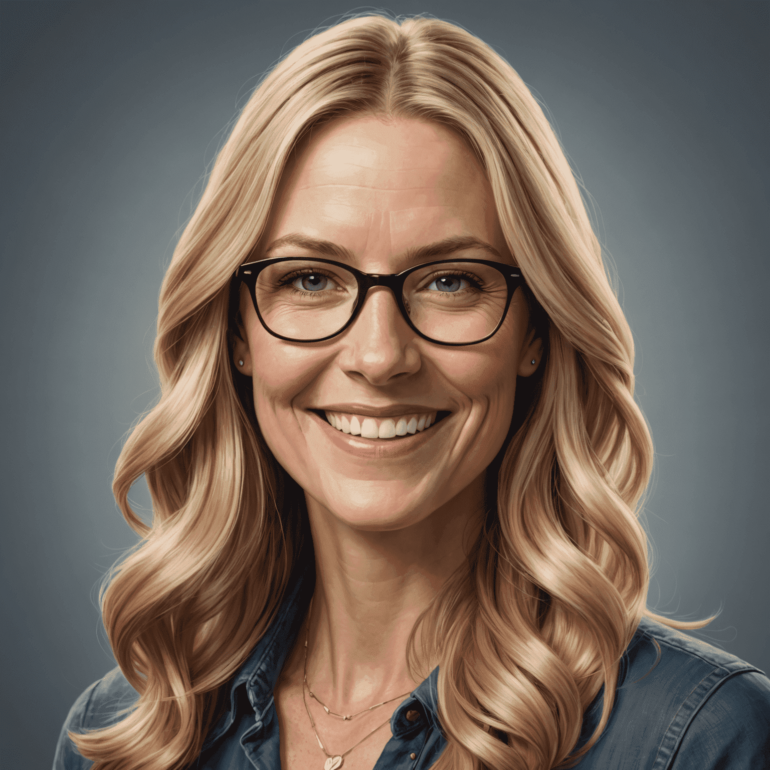 Portrait of Jane Smith, a woman in her 30s with long blonde hair and glasses, smiling confidently