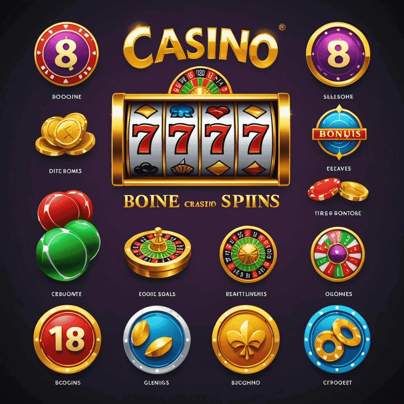 Various casino bonus symbols like free spins, welcome bonuses, and loyalty points arranged in an infographic style