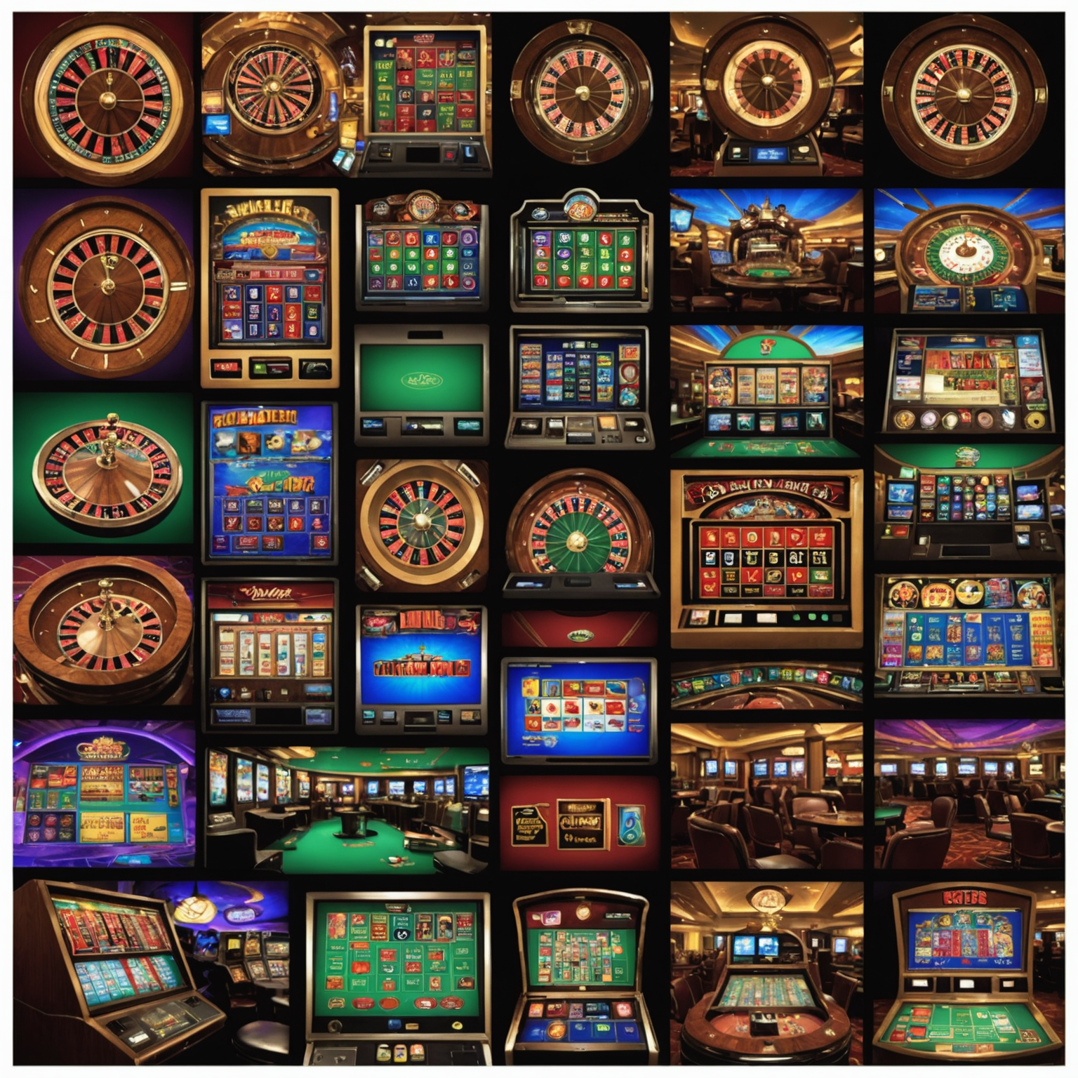 A collage of various casino games including slots, poker, and roulette, displayed on a computer screen with vibrant colors and realistic graphics