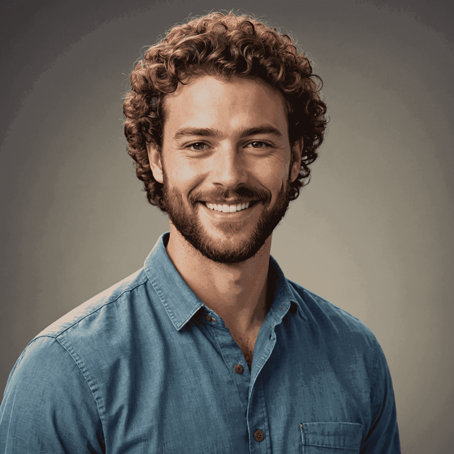 Portrait of Mike Johnson, a young man with a beard and curly hair, wearing a casual shirt and smiling