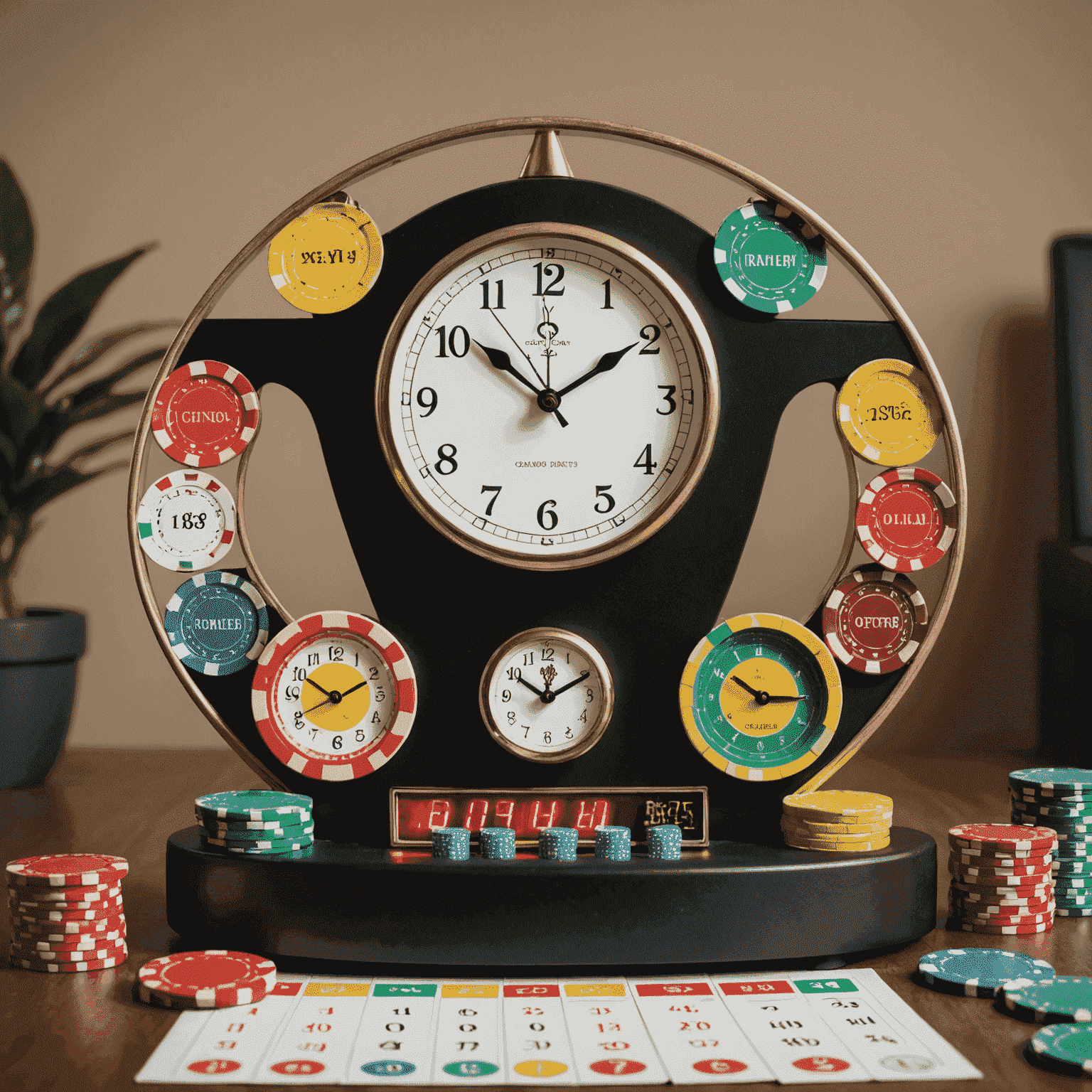 A balanced scale with casino chips on one side and a clock, calendar, and family photo on the other, symbolizing responsible gaming