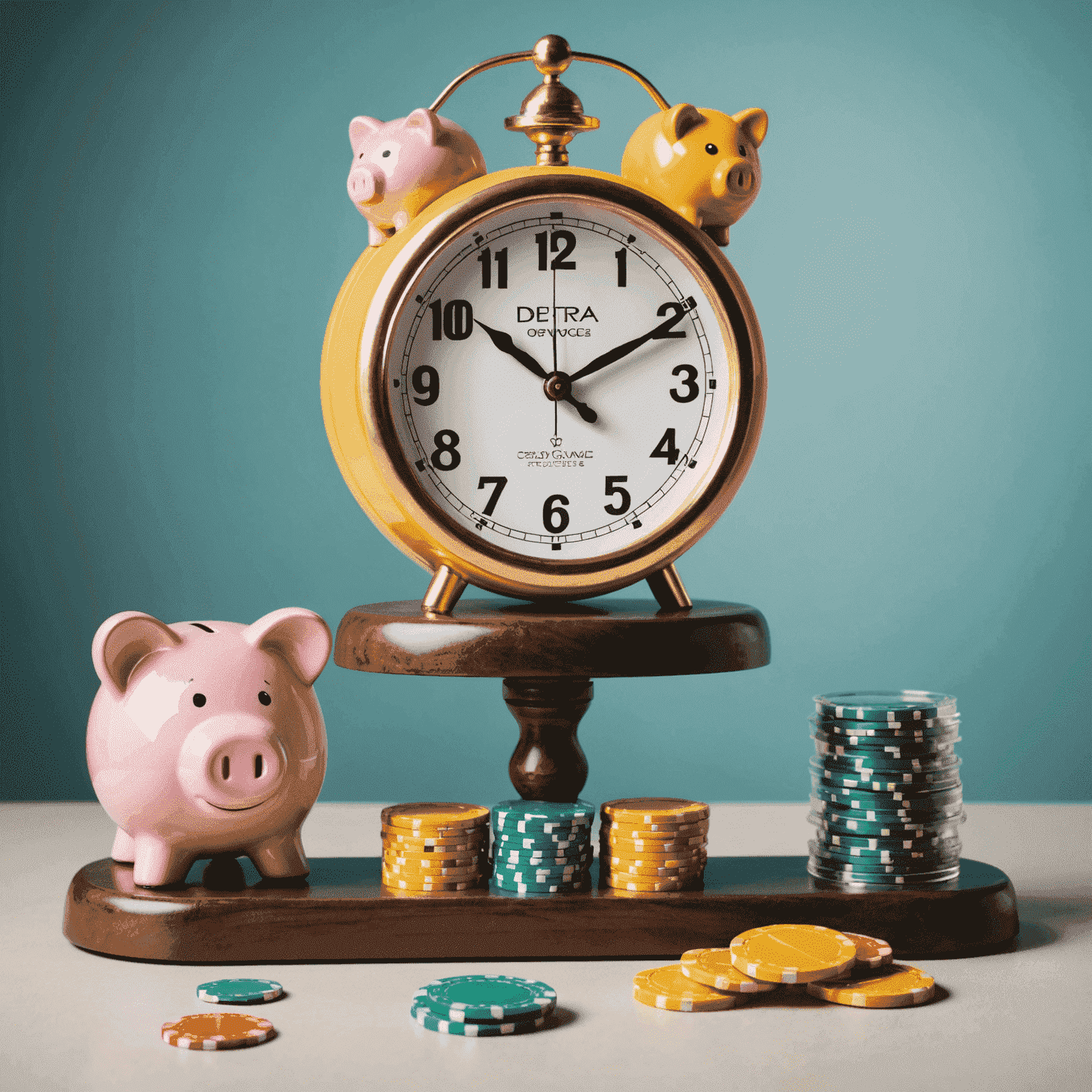 A balanced scale with casino chips on one side and a clock, piggy bank, and family photo on the other, symbolizing responsible gaming