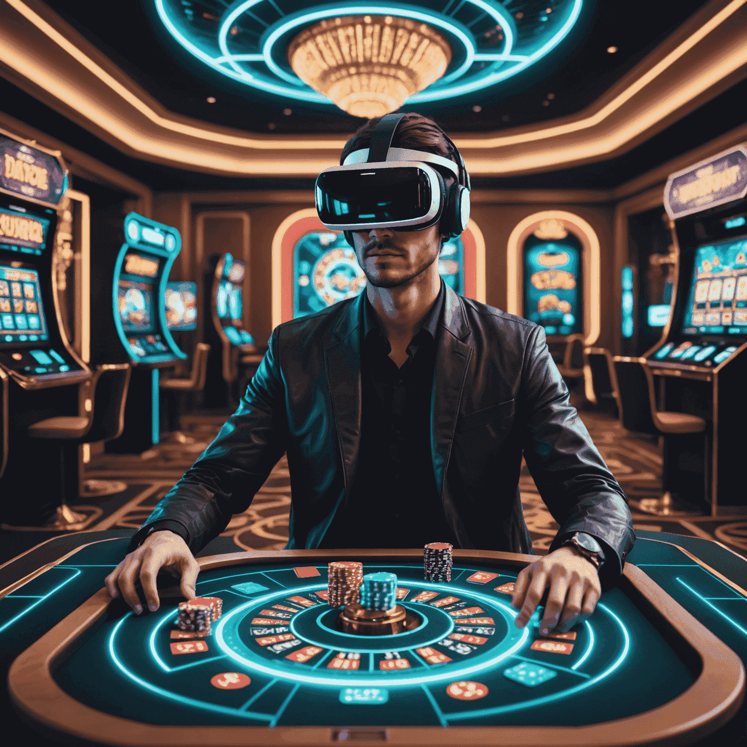 A futuristic scene depicting a person wearing a VR headset, surrounded by holographic casino games and interactive 3D elements