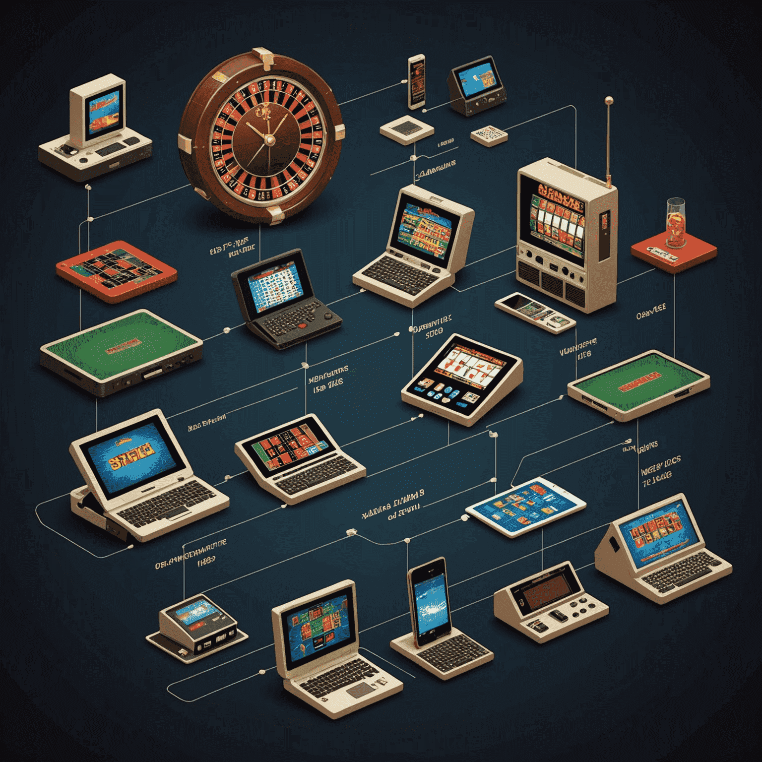 A timeline showing the evolution of casino gaming from old desktop computers to modern smartphones and tablets